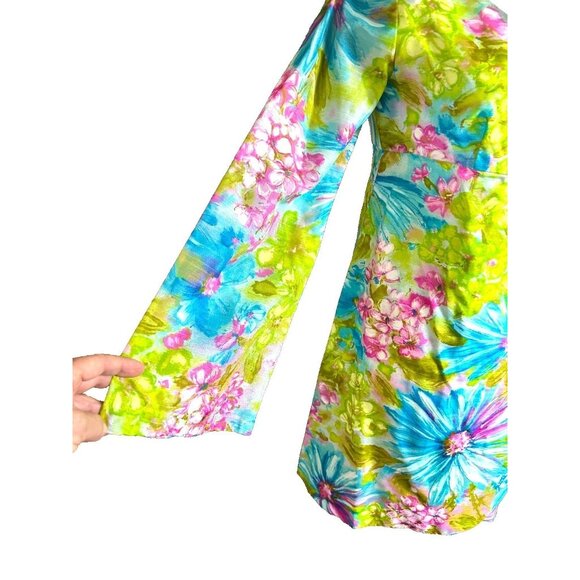 VINTAGE 70s Bright Floral Handmade Baby  Doll Tunic Pant Set Womens Bell Bottom - Picture 5 of 16